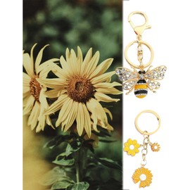 APPFULL 2 Pack Daisy Flower Bee Keychain, Rhinestone Little Bee Keychain Sparkling Keyring Animal Key Chain Decor for Bag Purse Wallet