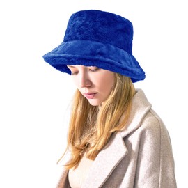 Women Plush Fluffy Bucket Hat Warm Lining Winter Faux Fur Cozy Wide Brim Winter (Royal Blue)