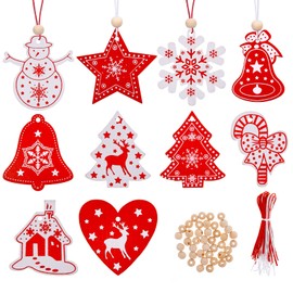 Kiiwah Pack of 40 Wooden Christmas Tree Decorations, Christmas Wooden Pendants with Cotton Threads and Beads for Christmas Tree Decorations (Red, White)