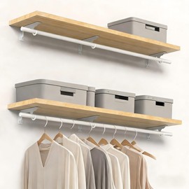 bimiti Wall Mounted Clothes Rack - Solid Wood Closet Storage System with Removable Shelves & Hanging Rods, 47.2in Space Saving Organizer for Bedroom, Walk-in Closet (1 Pack)