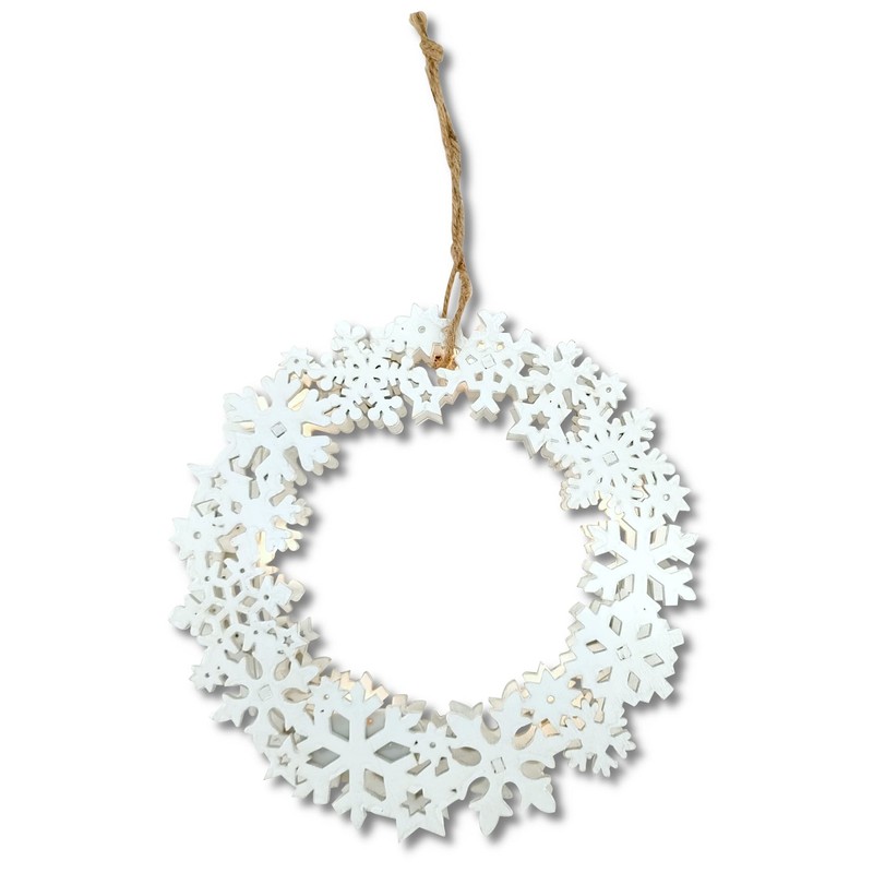 Wooden LED Wreath Diameter 22 cm with Snowflakes and Stars