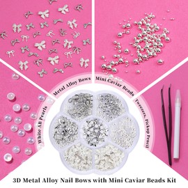 3D Metal Alloy Nail Bows Kit - Silver & Gold Bowknot Charms with 1-3mm Mini Caviar Beads, Tweezers, Pickup Pencil, Cute Nail Charms and Gems Jewelry in Petal-Shaped Box (Silver-kit-2)