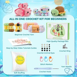 Crochet Kit for Beginners, Amigurumi Beginner Crochet Kits for Adults, Crochet Turtle Axolotl Octopus Crocheting Kit, Animal Knitting Kit for Beginners with Step-by-Step Video, Crafts Kits for Adults