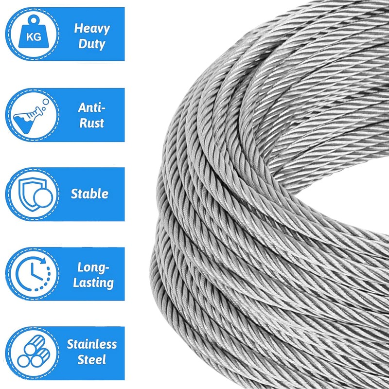 FOLUXING 100Ft Steel Cable, 1/4(6mm) 7x19 Strand Heavy Duty Wire