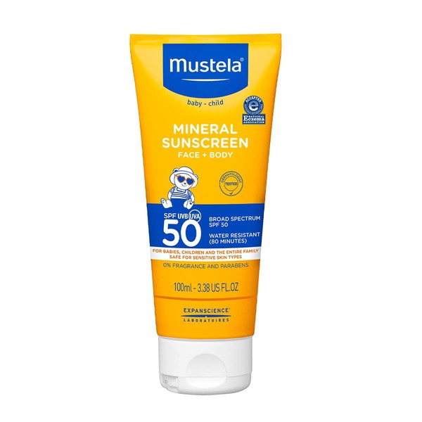 Mustela Baby Mineral Sunscreen Lotion SPF 50 Broad Spectrum - Face & Body Sun Lotion for Sensitive Skin - Non-Nano, Water Resistant & Fragrance Free - 3.38 fl. oz