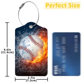 EOBKLAX 2 Pack Luggage Tags for Suitcases,Baseball Ball on Fire and Water Luggage Tag,PU Leather Id Label Luggage Tags with Stainless Steel Loop and Privacy Cover for Women Men Teens Travel