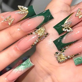 LWTZLW Green French Tip Press on Nails Long Square False Nails 3D Butterfly Charms Full Cover Glue ons Nails With Rhinestones Coffin Acrylic Fake Nail Glossy Artificial Nail Reusable for Women