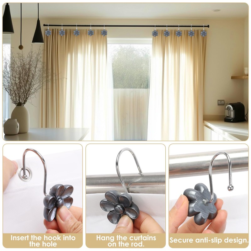 3D Floral Shower Curtain Hooks, 12 Pcs Rust Proof Resin