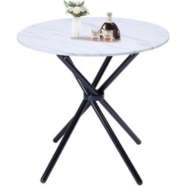 FurnitureR 31.5-Inch Round Dining Table for 2-4 People, Multifunctional Wooden Table for Cafe Restaurant Home Kitchen Dining Room, Unique Intersecting Pedestal Base and Metal Legs, White Marble