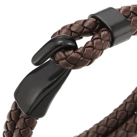 COOLSTEELANDBEYOND Men's Women's Double Row Braided Leather Bangle Bracelet with Black Stainless Steel Hook Clasp, Brown leather, Not applicable