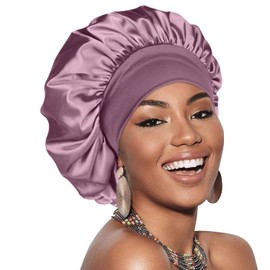 Gorro para Dormir, Gorro De Satén con Banda Elástica Ancha, Gorro De Seda para El Cuidado del Cabello Rizado Sombrero de Gorro de Dormir Ajustable Cubierta de Cabeza Toalla Pelo Secado Rapido (Morado)
