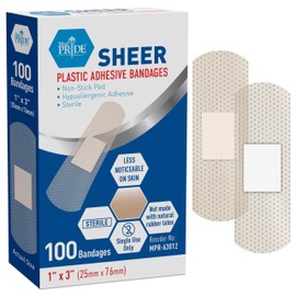 MED PRIDE Sheer Bandages Non Latex for Sensitive Skin, Sterile Plastic Strips with Nonstick Pad, Hypoallergenic Adhesive, 100 Pieces (1” x 3”)