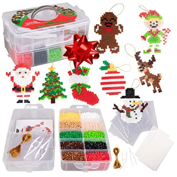 Christmas 10,000 pcs Special Holiday Fuse Bead Kit -Create Your Own DIY Ornaments (Xmas Tree, Stocking, Gingerbread, Reindeer, Santa, Snowman, Elf) - Holiday Party Art Project, Melting Craft Toy Gift