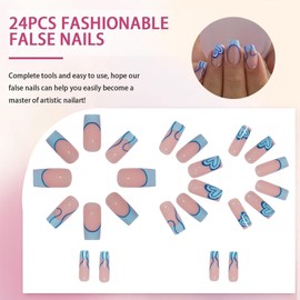24PCS Blue Geometric French Tip Press-On Nails With Jelly Glue & Applicator Tool - Short Square Reusable Acrylic False Nail Kit For Women - Eco-Friendly Durable Multi-Size Manicure Set
