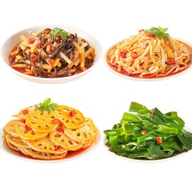 Spicy Pickled Vegetables, 19.4 Oz Preserved Mustard Vegetable Strips, Kelp Pickles Enoki Mushroom Bamboo Shoots Lotus Root Mixed Vegetable, Asian Zhacai Latiao for Family Party Dinner 榨菜 (4-Flavor Assortment )