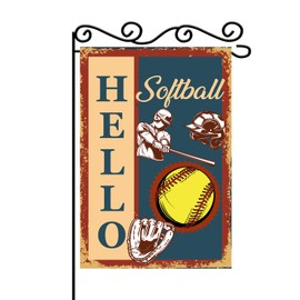 MEFENG Hello Softball Garden Flag-American Baseball Welcome Lawn Sign Yard Sign-Baseball Sports Team Gift Yard Flag-12"x18" Double Sided