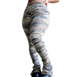 Women's Fleece Stacked Legging Pants High Wasited Colorful Fuzzy Strip Bell Bottom Knit Y2K Party Club Sweatpants (Brown Grey, L)