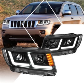 PM PERFORMOTOR L-Shape LED DRL Signal Projector Headlights Assembly Compatible with Grand Cherokee 11-13,Black Housing/Clear Lens