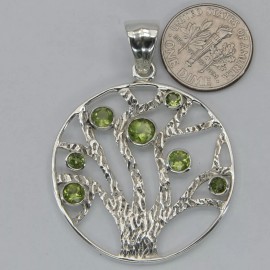 Amber America Genuine, Natural, Green PERIDOT Tree of Life Pendant, 925 STERLING SILVER #907