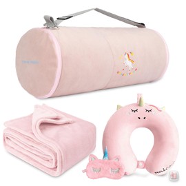 urnexttour Kids Travel Blanket and Pillow- Premium Soft Pink Airplane Blanket with Adjustable Travel Bag, Hand Luggage Belt Compact Pack Large Blanket for Car, Road Trip, Home Use (60"*40" in)