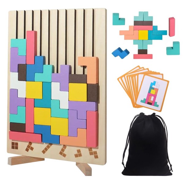 Fiotha Holzpuzzle Tetris, 3D Puzzle Tetris Spiel Kinder mit Halterung,