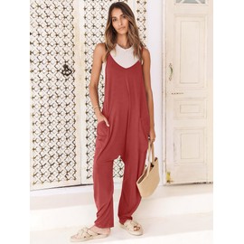 ANRABESS Jumpsuits for Women Casual Summer Overalls Sleeveless Spaghetti Strap Romper Jumpers Trendy Beach Vacation Outfits Orange Rust X-Large