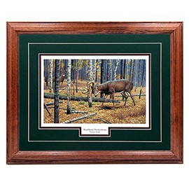 NorthernPromotionsLLC Deer Wall Art Hunting Decoration, Hardwood Picture Frame - Wildlife Print Painting Decor - Dark Oak Frame, Green Mat, Ready to Hang - Territorial Grounds Cynthie Fisher 17x21