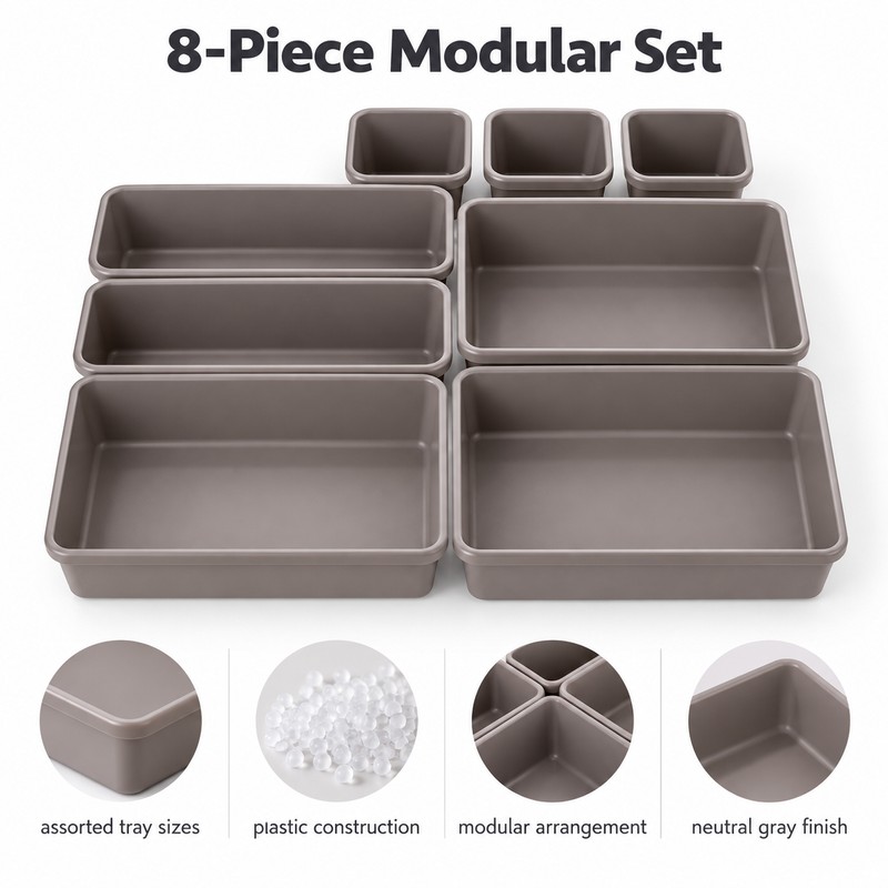 8-Piece Adjustable Drawer Organizer Set, Plastic Storage Trays for Makeup,