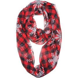 VIVIAN & VINCENT Gift Wrapped Fall Winter Soft Lightweight Holiday Sheer Infinity Christmas Scarf for Women Girls Plaid Snowflake Red