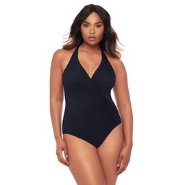 Miraclesuit Women's Swimwear Rock Solid Wrapsody Halter Tummy Control One Piece Swimsuit, Black, 14