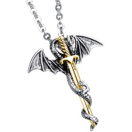 MayiaHey Wing Dragon Sword Necklace for Men, Stainless Steel Dragon Necklace Cross Sword Necklace for Boys (Gold)