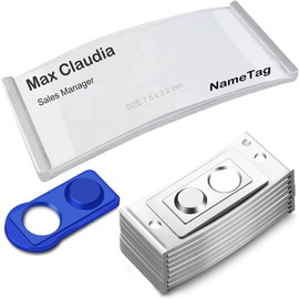 FIVAVA Pack of 10 Name Badges for Clothes, Name Badge with 2 Strong Magnet, Name Badges Magnet with Paper Slot, Transparent Magnetic Name Badges, Fashionably Domed, 75 x 32 mm, Silver