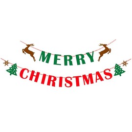 Merry Christmas Banner Wool Felt Garland Christmas Tree and Deer Decorations Indoor Happy Holiday Banner Cute Hanging Decor for Mantel Fireplace Wall, Kids Bedroom, Living Room,Party Supplies