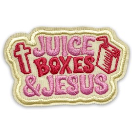 Juice Boxes Jesus Patch 3 Inches Funny Cross Christian, Religious, Bible Verse Humor Iron On/Sew On Embroidery Fabric Applique Patches for Trucker Hats Clothes Backpack DIY Accessories Friends Gifts