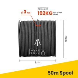 Brotree Paracord 3 mm 50 m 100% Nylon Rope Cord Type II Paracord 425 with 3 Cores for Survival, Outdoor, Bracelet, Crafts, Breaking Load 192 kg (Black)