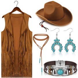 Vabean 5 Pcs Western Cowgirl 70s Hippie Costume Set Include Vest Hats Turquoise Dangle Earrings Pendant Choker Bracelets (Khaki,XX-Large)