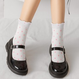 HJZHII 6 Pairs Women Ruffle Socks, Girl Stockings Cotton Socks for Women Polka Dot Crew Frilly Sock Vintage Patterned Ankle Novelty Fashion Striped Stocking Cute Sock White Ruffle Stockings