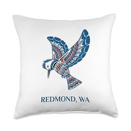 Redmond WA PNW Native American Kingfisher Bird Redmond Washington Native American Kingfisher Bird Throw Pillow, 18x18, Multicolor