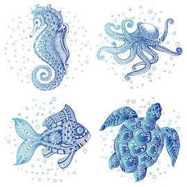 GORGECRAFT Pack of 4 6.3 Inch Sea Animal Window Stickers, Static Waterproof Sea Turtle Seahorse Octopus Sea Fish Ocean Film for Bedroom Bathroom Prevents Bird Attacks Home Decoration