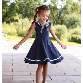 bebeone Girl's Nautical Dress Sleeveless Sailor Uniform Dress for Girl 3-11 Years,Navy-160