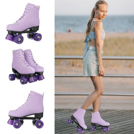 Hurber Women Roller Skates High-Top Double-Row PU Leather Outdooer Roller Skates for Girls (Purple flashing wheel,36 - US:6)