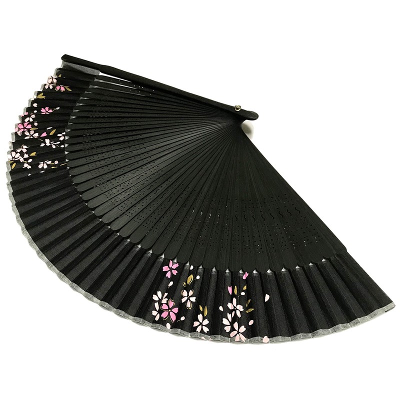 Hana-Kanzashi Women's Silk Fan, Cherry Blossom Pattern, Black, Lady’s Length,