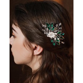 Octwine Handmade Bride Wedding Green Rhinestone Hair Pins Bridal Hair Accessories Rhinestone Pearls Hair Pins Crystal Hair Clips for Women