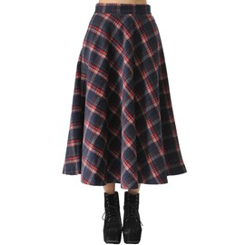 TEERFU Women's Fall Winter Plaid Pleated Warm Thicken Wool Woolen Long Skirt Skirts, Red, UK 14 (Size tag 2XL, Waist 33.8'')