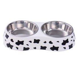 Pet Double Bowl Stainless Steel-Cow Type Pet Elevated Feeder Bowl for Dogs Cats (M (10 * 4.8 * 1.6 in))