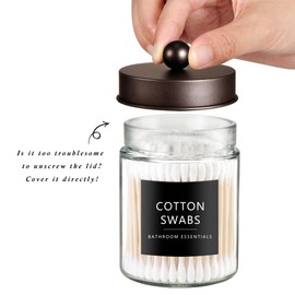 SheeChung Qtip Dispenser Holder 2pcs, Glass Apothecary Jars with Stainless Steel Lids &Stickers, Countertop Canister Guest Bathroom Storage Organizer Set for Cotton Swabs/Balls, Floss Picks(Bronze)