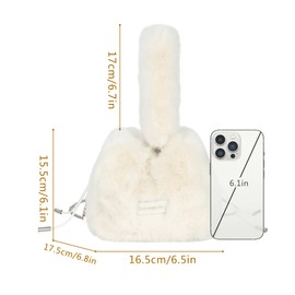 MEGAUK Women's Autumn Winter Bucket Bag, Faux Fur Handbag, Fluffy Shoulder Bag, Plush Shoulder Bag with Drawstring for Girls, 07906 White