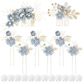 inSowni 20 Pack Classy Dusty Blue Flower Nupcial Boda Peines Laterales+Pinzas Para El Cabello Florales+Pinzas Para El Pelo De Perlas Espirales Trenza Clips Piezas Formal Prom Tocado Accesorios Para No