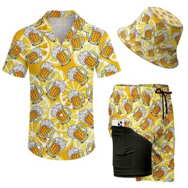 OOTBIN Mens 3 Piece Tracksuit Funny Hawaiian Shirt and Shorts Sets Beer Shirts for Men Festival Button Down Beach Outfits with Bucket Hats Large