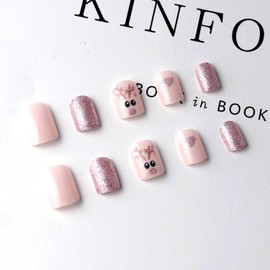 Christmas Press on Nails Medium Square Cute Deer Fake Nails, Pink Glitter Heart Acrylic Nails, White Glossy False Nails Kits Salon Quality Winter Stick Glue on Nails Tip 24 Pcs